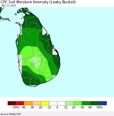 Sri Lanka CPC Soil Moisture Anomaly (Leaky Bucket) Thematic Map For 3/11/2023 - 3/15/2023