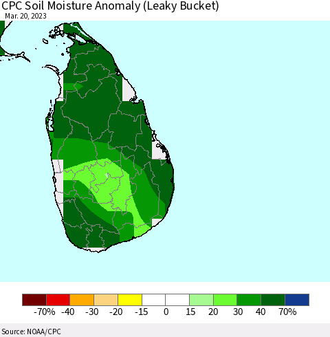 Sri Lanka CPC Soil Moisture Anomaly (Leaky Bucket) Thematic Map For 3/16/2023 - 3/20/2023