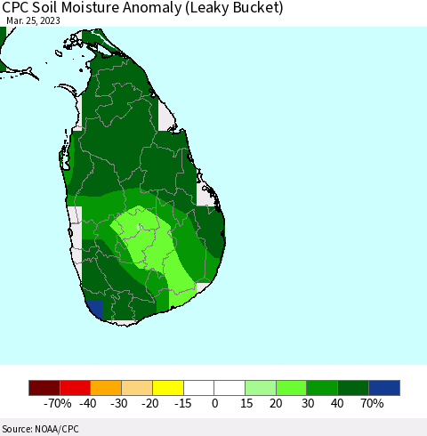 Sri Lanka CPC Soil Moisture Anomaly (Leaky Bucket) Thematic Map For 3/21/2023 - 3/25/2023