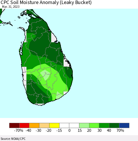 Sri Lanka CPC Soil Moisture Anomaly (Leaky Bucket) Thematic Map For 3/26/2023 - 3/31/2023