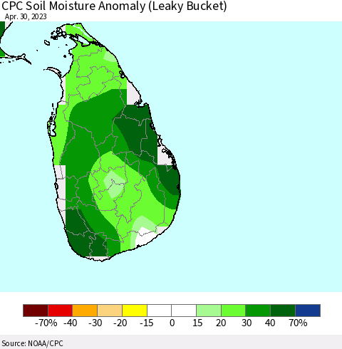 Sri Lanka CPC Soil Moisture Anomaly (Leaky Bucket) Thematic Map For 4/26/2023 - 4/30/2023