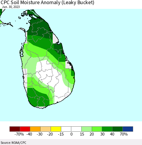 Sri Lanka CPC Soil Moisture Anomaly (Leaky Bucket) Thematic Map For 6/26/2023 - 6/30/2023