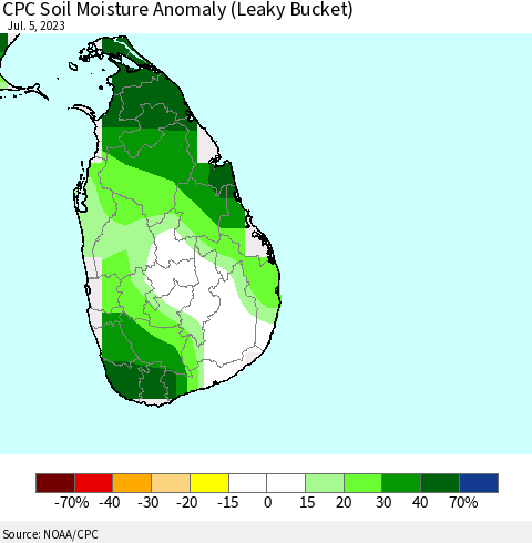 Sri Lanka CPC Soil Moisture Anomaly (Leaky Bucket) Thematic Map For 7/1/2023 - 7/5/2023