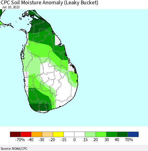 Sri Lanka CPC Soil Moisture Anomaly (Leaky Bucket) Thematic Map For 7/6/2023 - 7/10/2023