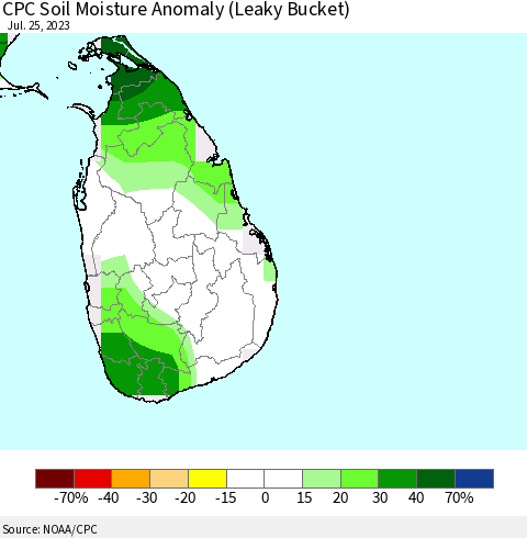 Sri Lanka CPC Soil Moisture Anomaly (Leaky Bucket) Thematic Map For 7/21/2023 - 7/25/2023