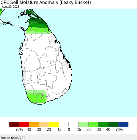 Sri Lanka CPC Soil Moisture Anomaly (Leaky Bucket) Thematic Map For 8/16/2023 - 8/20/2023