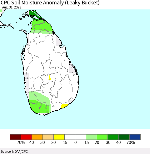 Sri Lanka CPC Soil Moisture Anomaly (Leaky Bucket) Thematic Map For 8/26/2023 - 8/31/2023