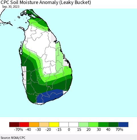 Sri Lanka CPC Soil Moisture Anomaly (Leaky Bucket) Thematic Map For 9/26/2023 - 9/30/2023