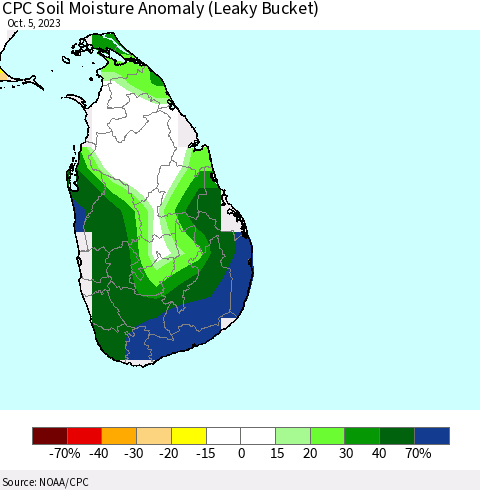Sri Lanka CPC Soil Moisture Anomaly (Leaky Bucket) Thematic Map For 10/1/2023 - 10/5/2023