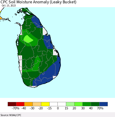 Sri Lanka CPC Soil Moisture Anomaly (Leaky Bucket) Thematic Map For 10/11/2023 - 10/15/2023
