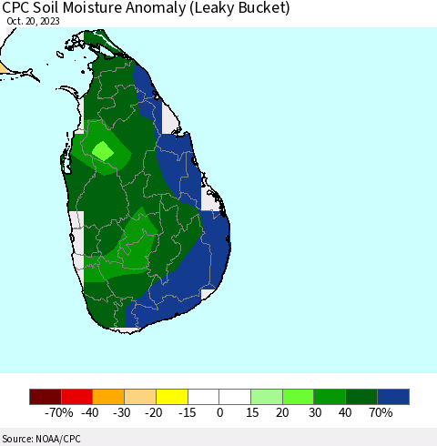 Sri Lanka CPC Soil Moisture Anomaly (Leaky Bucket) Thematic Map For 10/16/2023 - 10/20/2023
