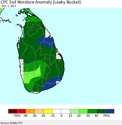 Sri Lanka CPC Soil Moisture Anomaly (Leaky Bucket) Thematic Map For 11/1/2023 - 11/5/2023
