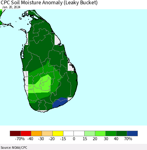 Sri Lanka CPC Soil Moisture Anomaly (Leaky Bucket) Thematic Map For 1/16/2024 - 1/20/2024
