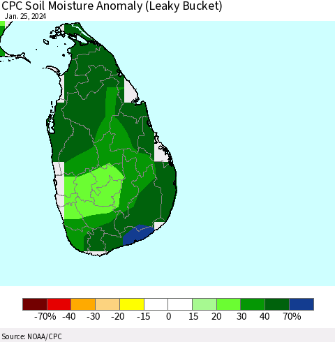Sri Lanka CPC Soil Moisture Anomaly (Leaky Bucket) Thematic Map For 1/21/2024 - 1/25/2024