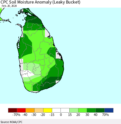 Sri Lanka CPC Soil Moisture Anomaly (Leaky Bucket) Thematic Map For 2/16/2024 - 2/20/2024