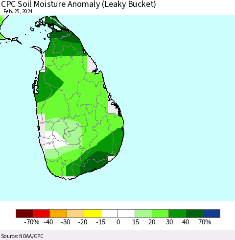 Sri Lanka CPC Soil Moisture Anomaly (Leaky Bucket) Thematic Map For 2/21/2024 - 2/25/2024