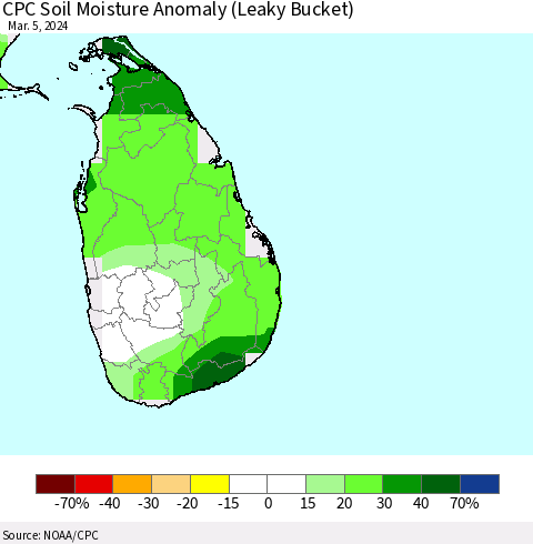 Sri Lanka CPC Soil Moisture Anomaly (Leaky Bucket) Thematic Map For 3/1/2024 - 3/5/2024