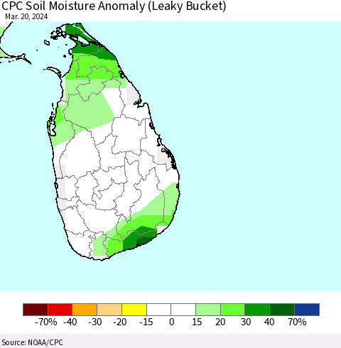 Sri Lanka CPC Soil Moisture Anomaly (Leaky Bucket) Thematic Map For 3/16/2024 - 3/20/2024