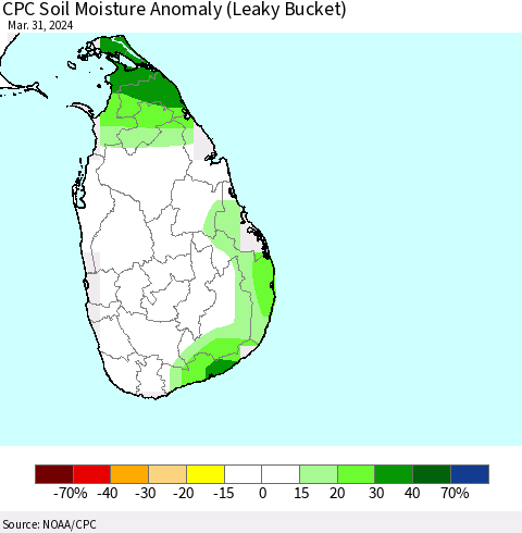 Sri Lanka CPC Soil Moisture Anomaly (Leaky Bucket) Thematic Map For 3/26/2024 - 3/31/2024