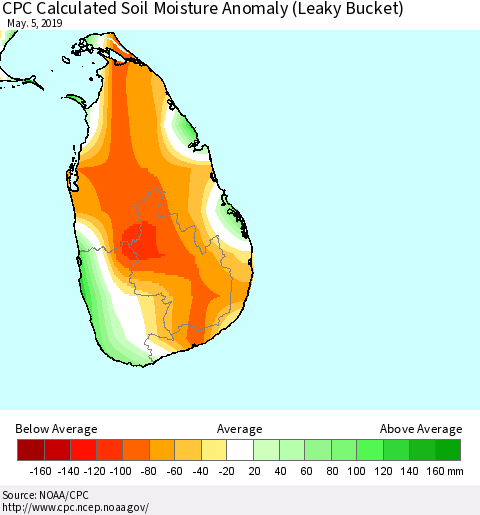 Sri Lanka CPC Calculated Soil Moisture Anomaly (Leaky Bucket) Thematic Map For 5/1/2019 - 5/5/2019