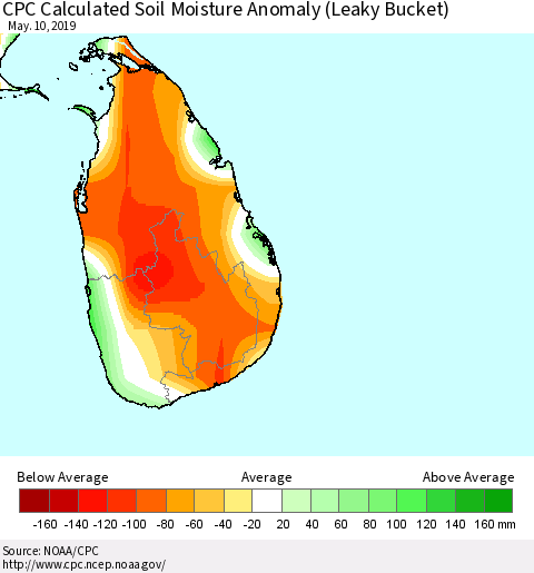Sri Lanka CPC Calculated Soil Moisture Anomaly (Leaky Bucket) Thematic Map For 5/6/2019 - 5/10/2019