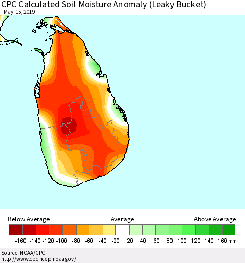 Sri Lanka CPC Calculated Soil Moisture Anomaly (Leaky Bucket) Thematic Map For 5/11/2019 - 5/15/2019