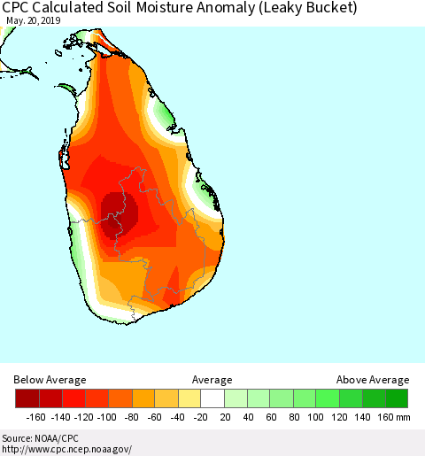 Sri Lanka CPC Calculated Soil Moisture Anomaly (Leaky Bucket) Thematic Map For 5/16/2019 - 5/20/2019