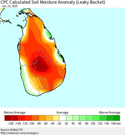 Sri Lanka CPC Calculated Soil Moisture Anomaly (Leaky Bucket) Thematic Map For 6/11/2019 - 6/15/2019