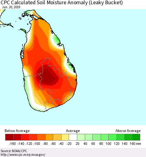 Sri Lanka CPC Calculated Soil Moisture Anomaly (Leaky Bucket) Thematic Map For 6/16/2019 - 6/20/2019