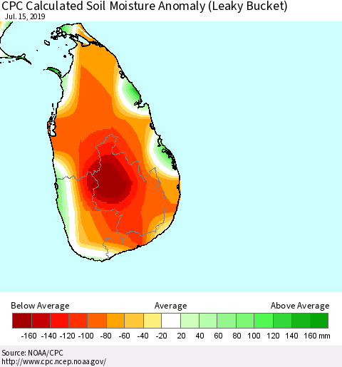 Sri Lanka CPC Calculated Soil Moisture Anomaly (Leaky Bucket) Thematic Map For 7/11/2019 - 7/15/2019