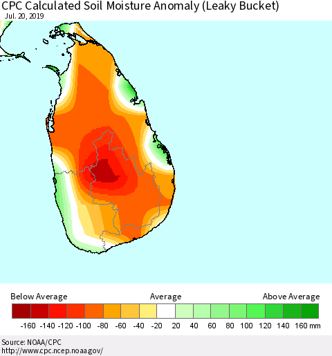 Sri Lanka CPC Calculated Soil Moisture Anomaly (Leaky Bucket) Thematic Map For 7/16/2019 - 7/20/2019