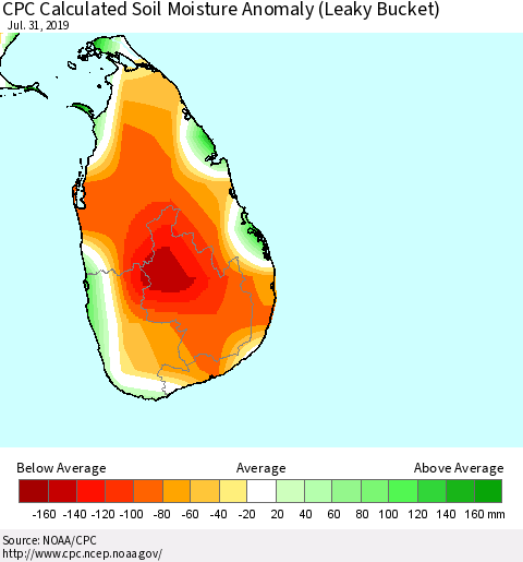 Sri Lanka CPC Calculated Soil Moisture Anomaly (Leaky Bucket) Thematic Map For 7/26/2019 - 7/31/2019