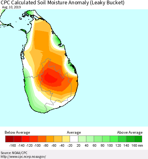 Sri Lanka CPC Calculated Soil Moisture Anomaly (Leaky Bucket) Thematic Map For 8/6/2019 - 8/10/2019