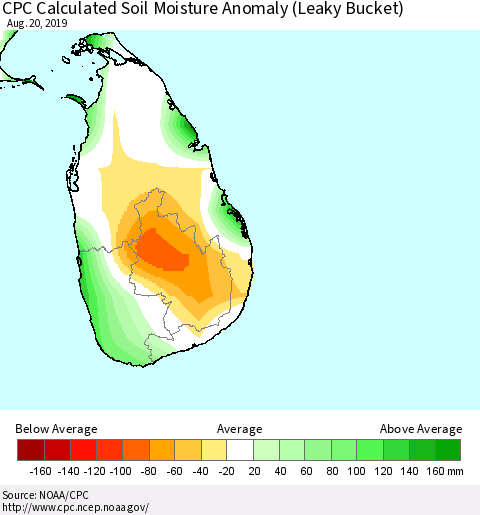 Sri Lanka CPC Calculated Soil Moisture Anomaly (Leaky Bucket) Thematic Map For 8/16/2019 - 8/20/2019