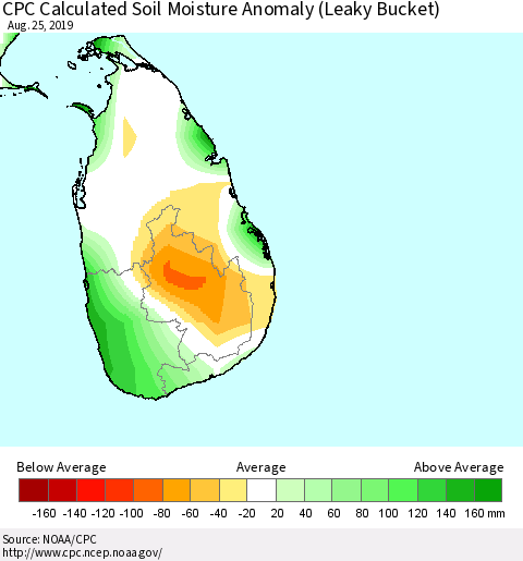Sri Lanka CPC Calculated Soil Moisture Anomaly (Leaky Bucket) Thematic Map For 8/21/2019 - 8/25/2019