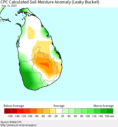 Sri Lanka CPC Soil Moisture Departure from Normal (Leaky Bucket) Thematic Map For 8/26/2019 - 8/31/2019