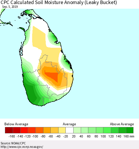 Sri Lanka CPC Soil Moisture Departure from Normal (Leaky Bucket) Thematic Map For 9/1/2019 - 9/5/2019