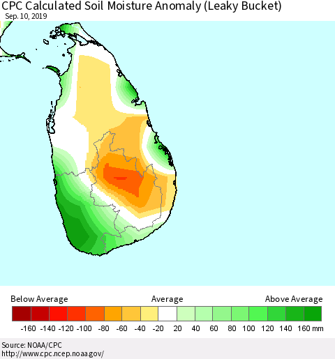 Sri Lanka CPC Soil Moisture Departure from Normal (Leaky Bucket) Thematic Map For 9/6/2019 - 9/10/2019
