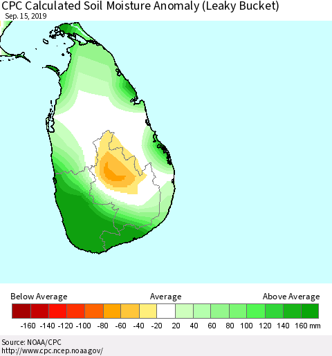 Sri Lanka CPC Soil Moisture Departure from Normal (Leaky Bucket) Thematic Map For 9/11/2019 - 9/15/2019