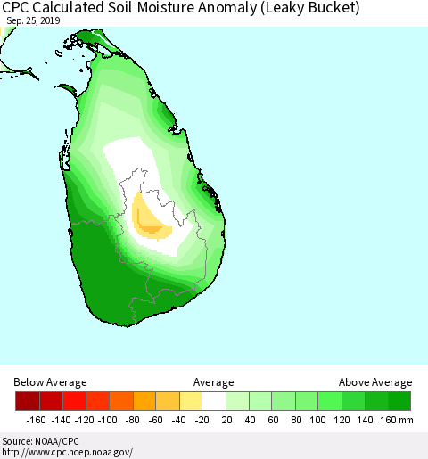 Sri Lanka CPC Soil Moisture Departure from Normal (Leaky Bucket) Thematic Map For 9/21/2019 - 9/25/2019