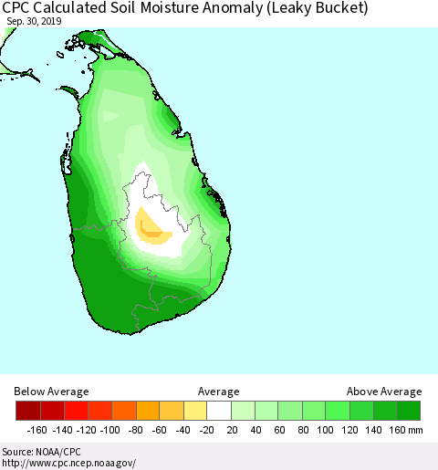 Sri Lanka CPC Calculated Soil Moisture Anomaly (Leaky Bucket) Thematic Map For 9/26/2019 - 9/30/2019