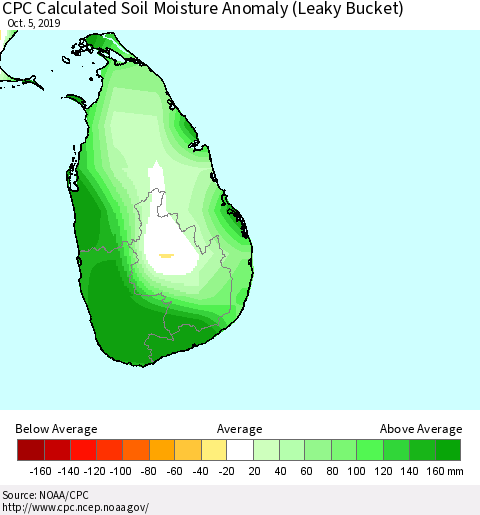 Sri Lanka CPC Soil Moisture Departure from Normal (Leaky Bucket) Thematic Map For 10/1/2019 - 10/5/2019