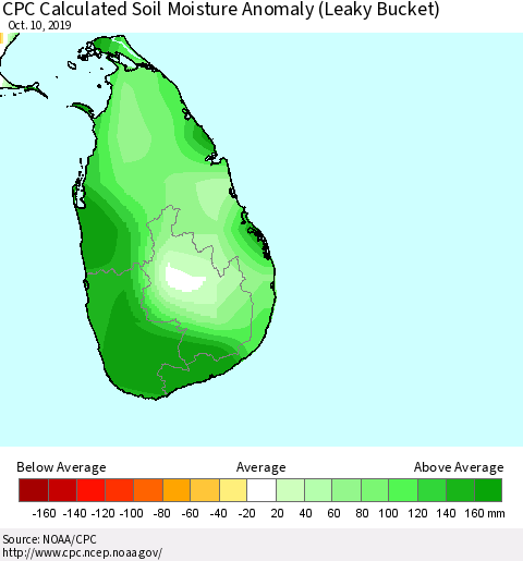 Sri Lanka CPC Calculated Soil Moisture Anomaly (Leaky Bucket) Thematic Map For 10/6/2019 - 10/10/2019