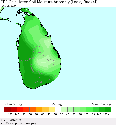 Sri Lanka CPC Soil Moisture Departure from Normal (Leaky Bucket) Thematic Map For 10/11/2019 - 10/15/2019