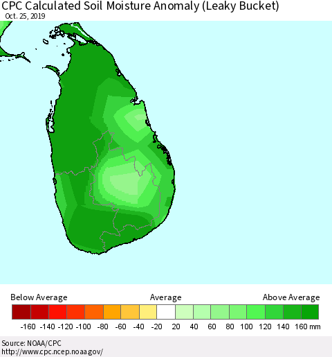 Sri Lanka CPC Soil Moisture Anomaly (Leaky Bucket) Thematic Map For 10/21/2019 - 10/25/2019