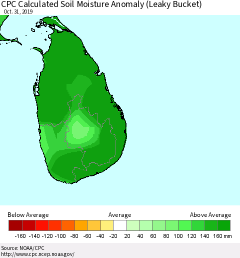 Sri Lanka CPC Soil Moisture Departure from Normal (Leaky Bucket) Thematic Map For 10/26/2019 - 10/31/2019