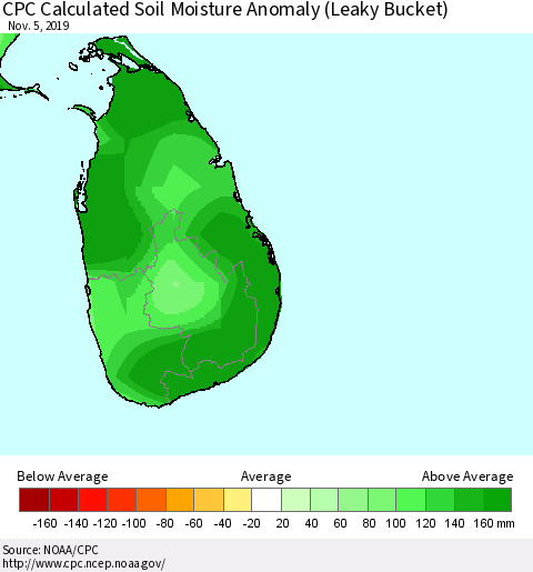 Sri Lanka CPC Soil Moisture Departure from Normal (Leaky Bucket) Thematic Map For 11/1/2019 - 11/5/2019