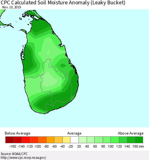 Sri Lanka CPC Calculated Soil Moisture Anomaly (Leaky Bucket) Thematic Map For 11/6/2019 - 11/10/2019