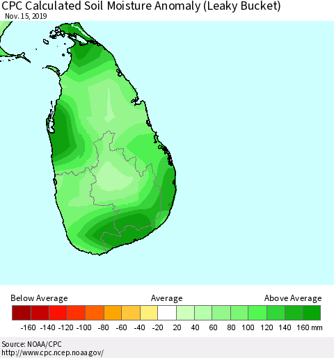 Sri Lanka CPC Soil Moisture Departure from Normal (Leaky Bucket) Thematic Map For 11/11/2019 - 11/15/2019