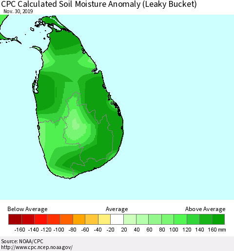 Sri Lanka CPC Calculated Soil Moisture Anomaly (Leaky Bucket) Thematic Map For 11/26/2019 - 11/30/2019